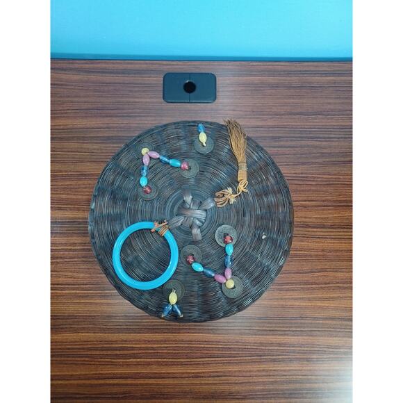 Fashion Jewelry Other - Antique 10" Wicker Round Sewing Basket Decorative Lid & Accessories Colorful